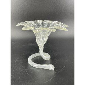 Art Glass Flower Lily Vase Hand Blown Clear White Frit Standing Swirl Stem
